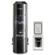 A black and silver vacuum next to a box.