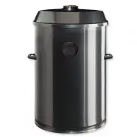 A large metal barrel with a black lid.