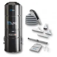 A black and silver vacuum cleaner with its accessories.