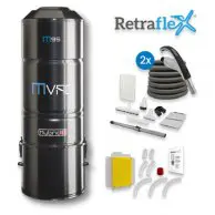 A black and silver vacuum cleaner with its accessories.