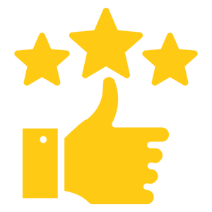 Customer Satisfaction Guaranteed A yellow thumb up with three stars above it.