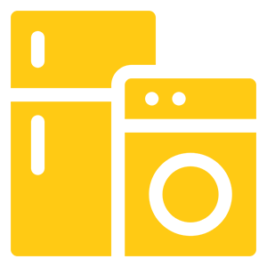 We Repair_Install All Appliances Brands A yellow icon of two refrigerators and a washer.