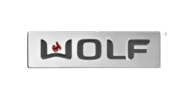 A silver and black wolf logo on top of a white background.