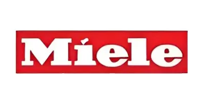 A red sign with white letters that say miele.
