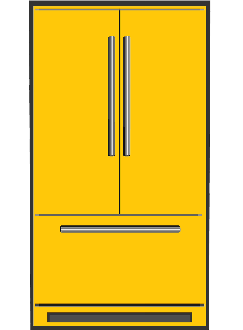 A yellow refrigerator with two doors and chrome handles.