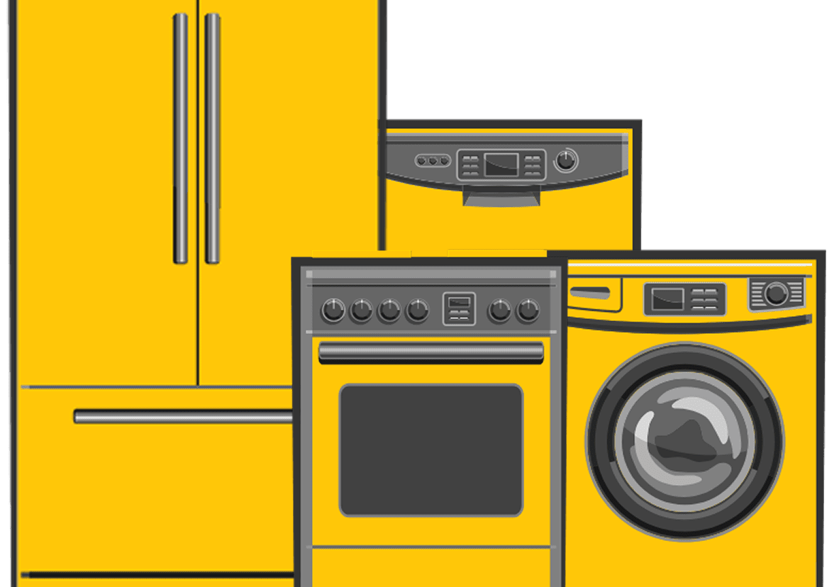 A yellow kitchen with appliances and green background
